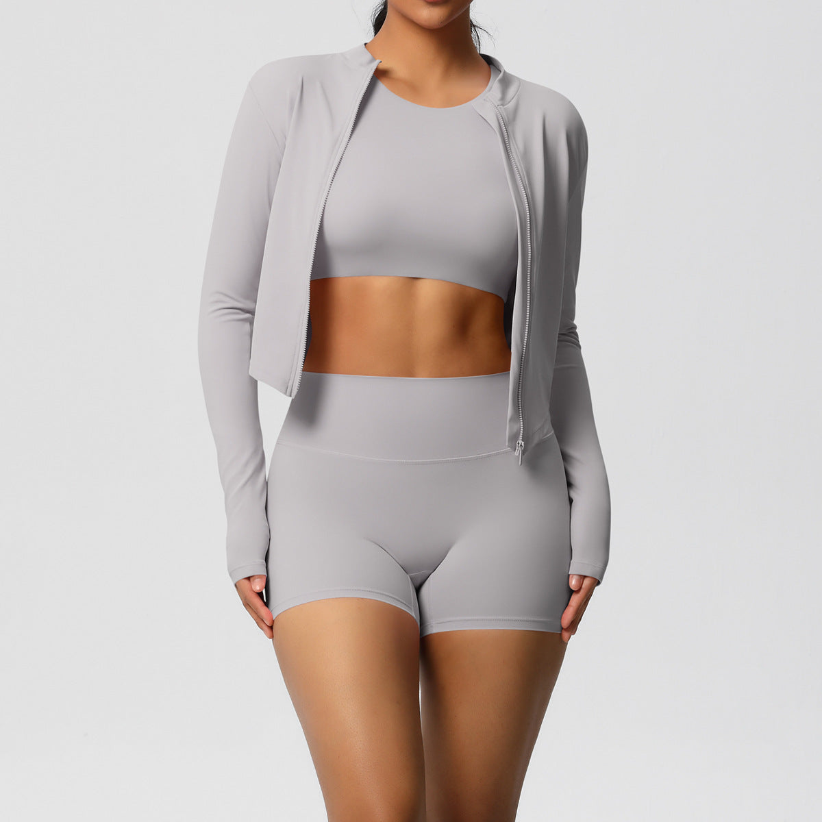 Sports Short Sleeved Casual Yoga Clothes Nude Feel Zipper Jacket Sports Shorts Fitness Clothes Three Piece Set