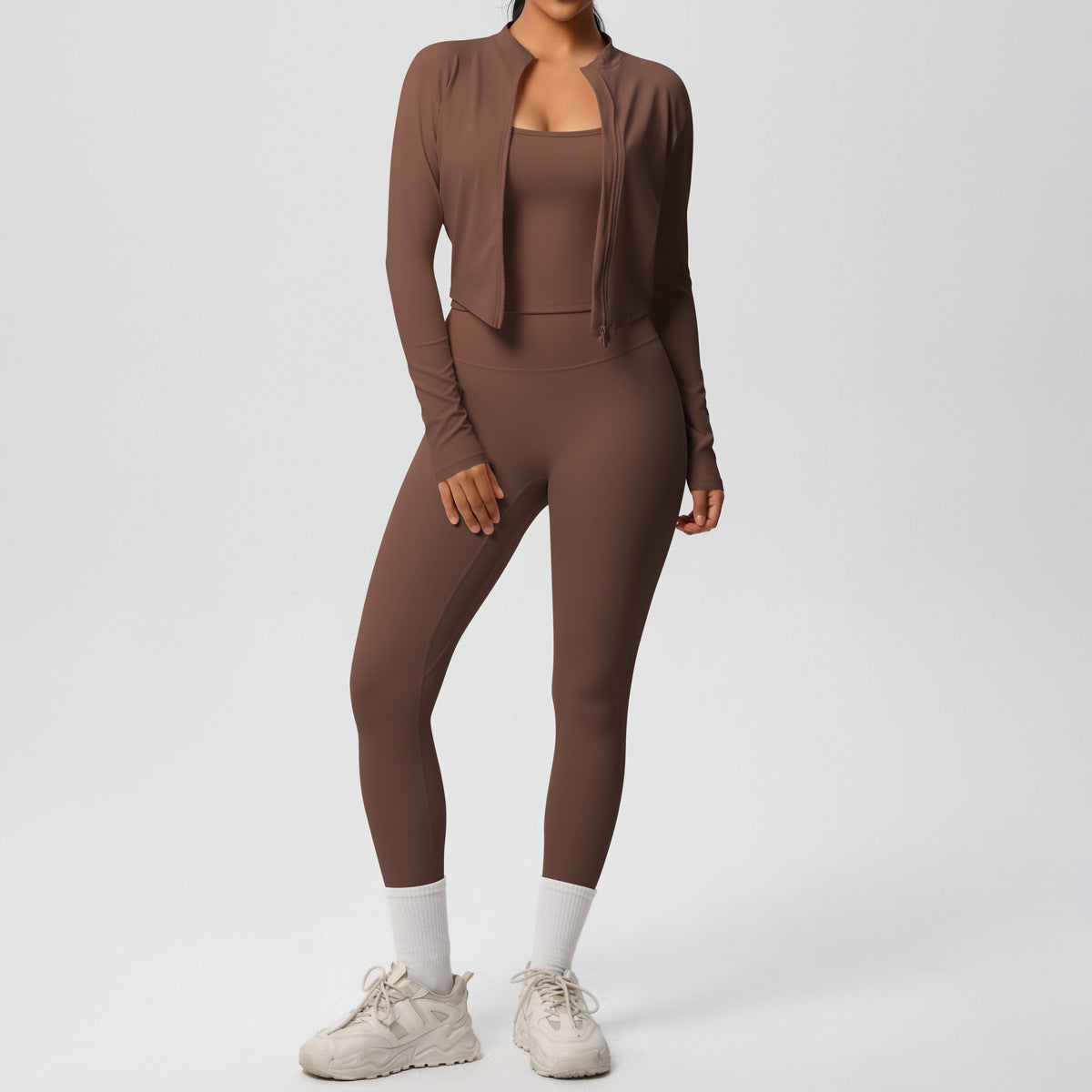 Skinny Yoga Pants High Waist Nude Feel Camisole Sports Zip Long Sleeve Coat Workout Clothes Three Piece Set