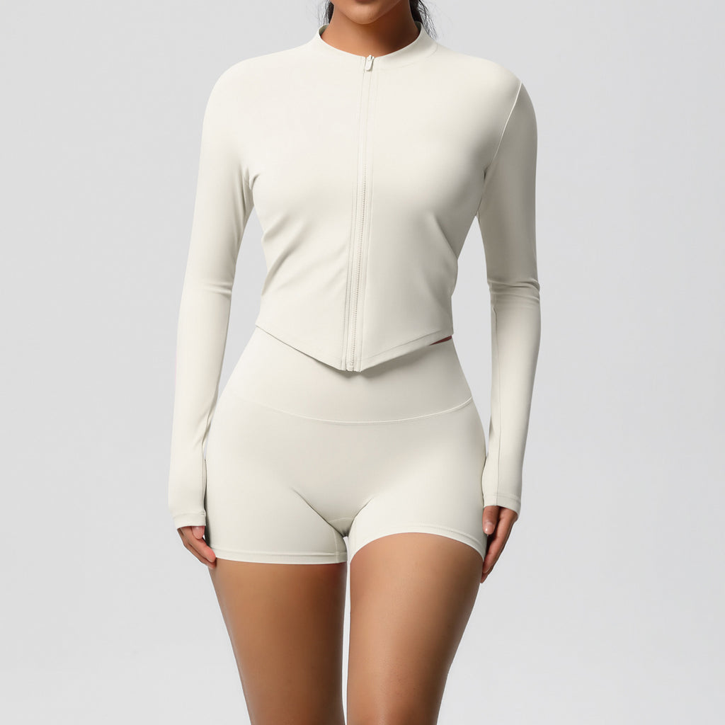 Brushed Nude Feel Slim Shorts Yoga Long Sleeve Zipper Breathable Fitness Running Training Set