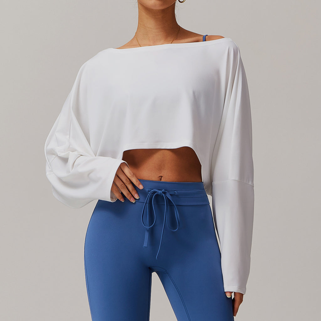 Sollinarry Fitness Sports Long-Sleeved Top Women off Shoulder Batwing Sleeve Outer Wear Casual Long Sleeves Yoga Clothes Blouse