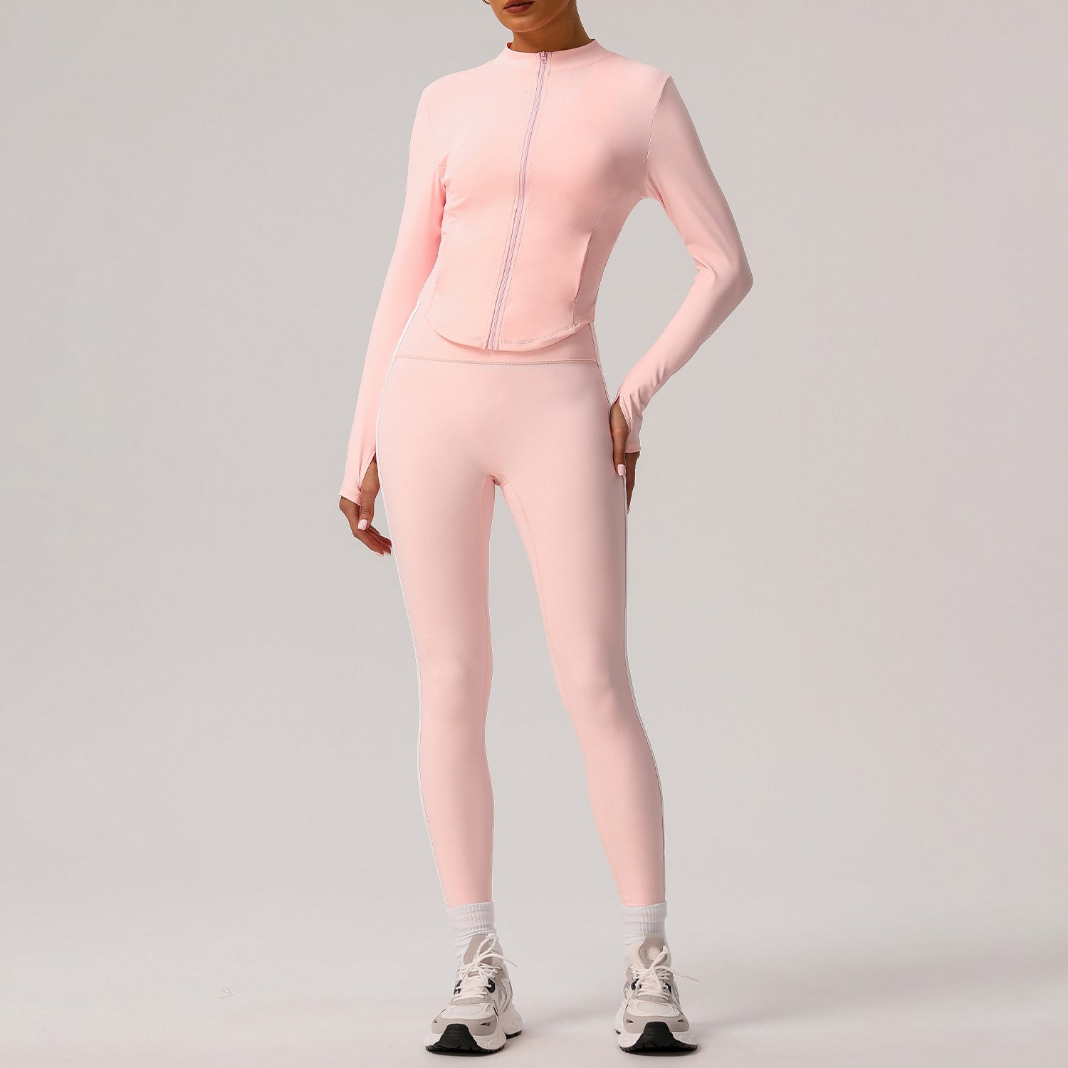 Contrast Color Slim Fit Thin Yoga Wear Women Yoga Trousers Outer Wear High Waist Workout Long Sleeve Casual Sports Set