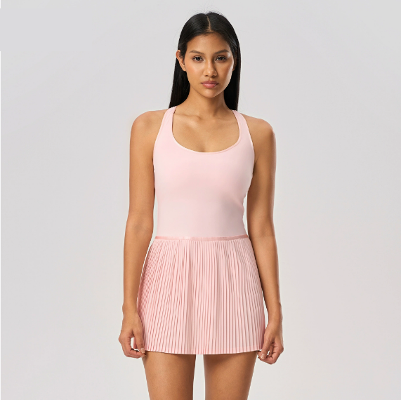 Back Shaping Sports Dress Women with Chest Pad Yoga Vest Skirt Cool Breathable Tennis Pleated Skirt