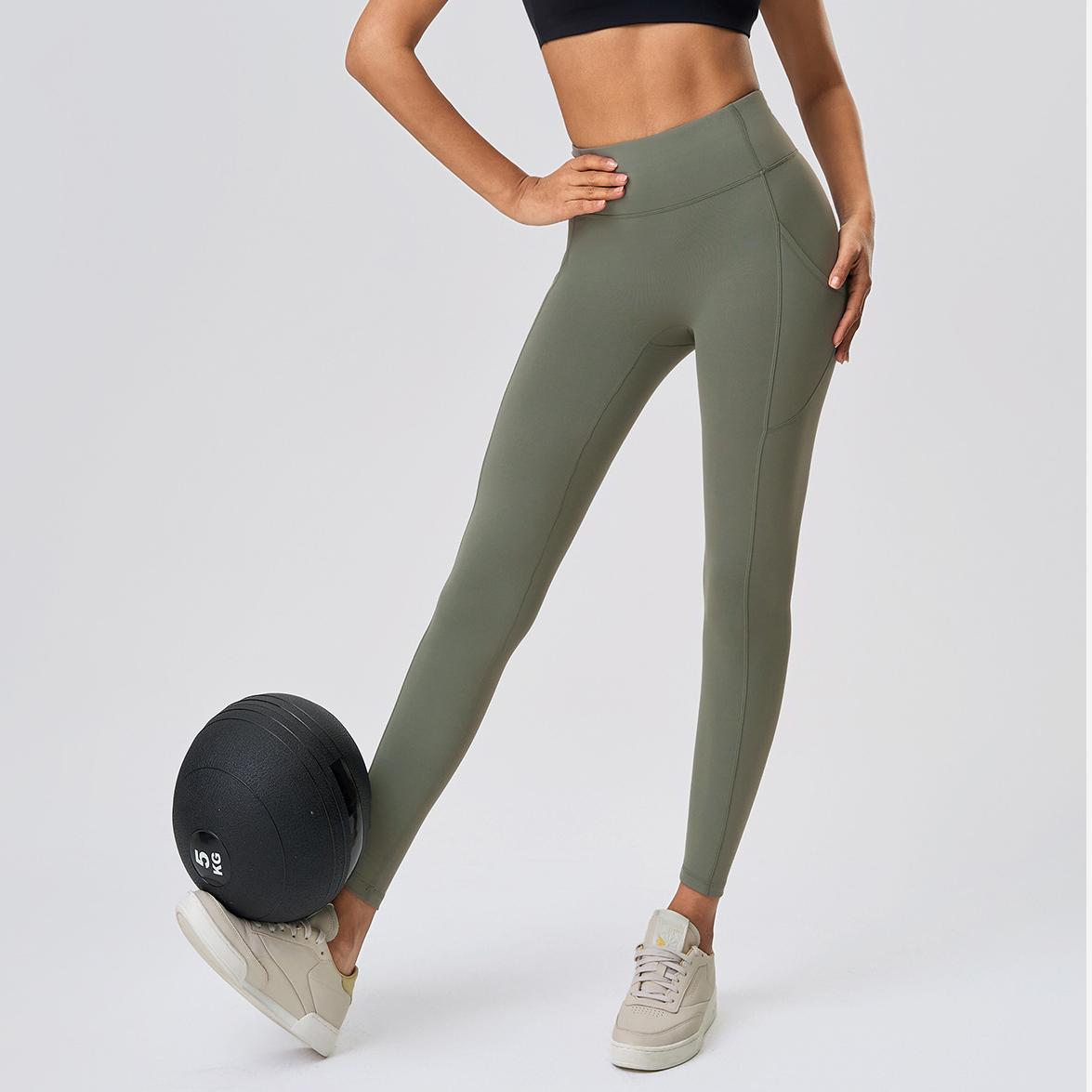 Nude Feel No T Line Exercise Workout Pants Women Hip Lift Belly Shaping Side Pocket Elastic Tight Yoga Ninth Pants