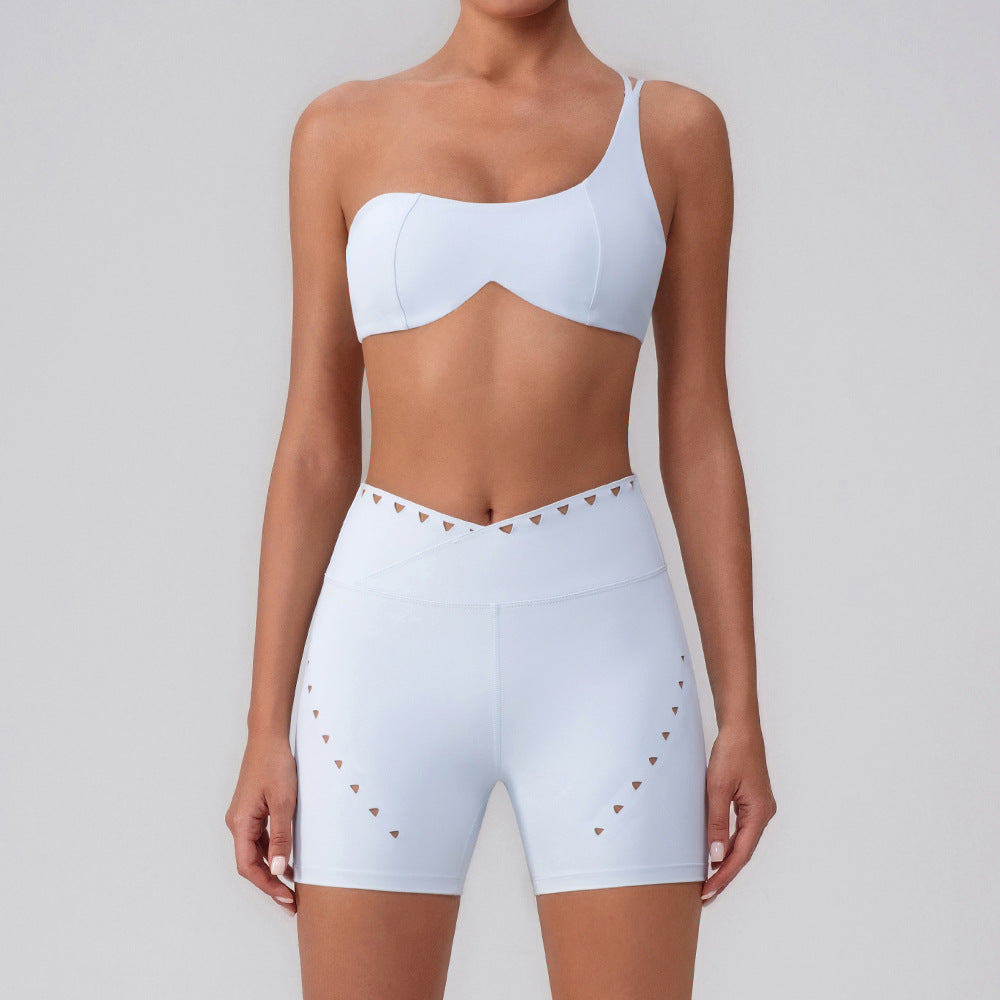 Top deportivo de espiga con hombros descubiertos, de secado rápido y acolchado en el pecho, sin costuras, para yoga, pantalones cortos, pantalones cortos, cintura en V, conjunto de dos piezas