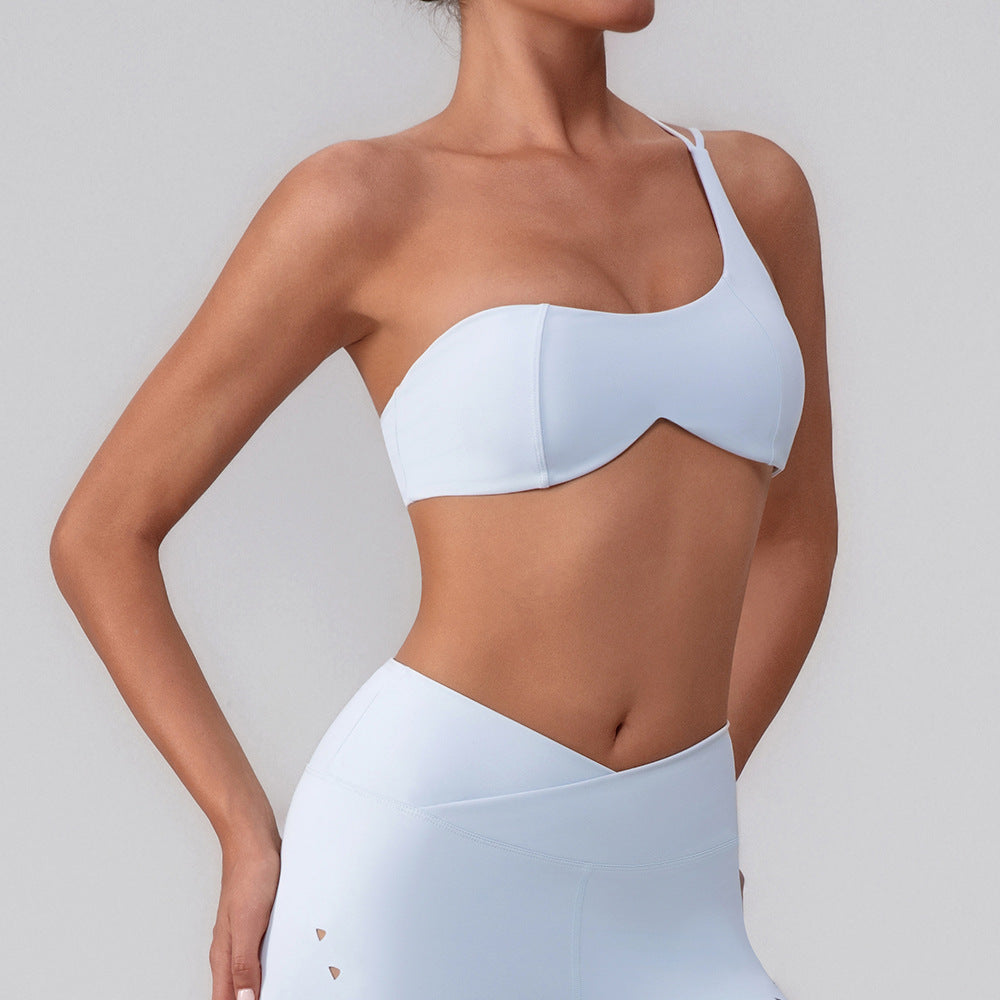 Summer Training Workout Clothes Outer Wear Beauty Back Hollow Out Cutout Vest Oblique Shoulder Yoga Bra Top Nude Feel Sports Underwear for Women