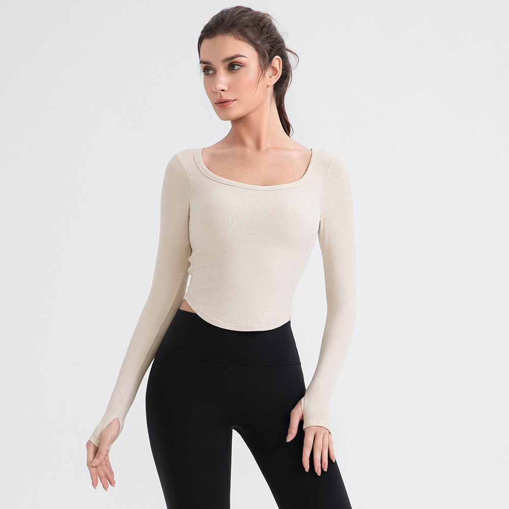 Yoga Clothes Women Sports T shirt with Chest Pad Slim Fit Breathable Workout Long Sleeve U Collar Slimming Pilates Training Top