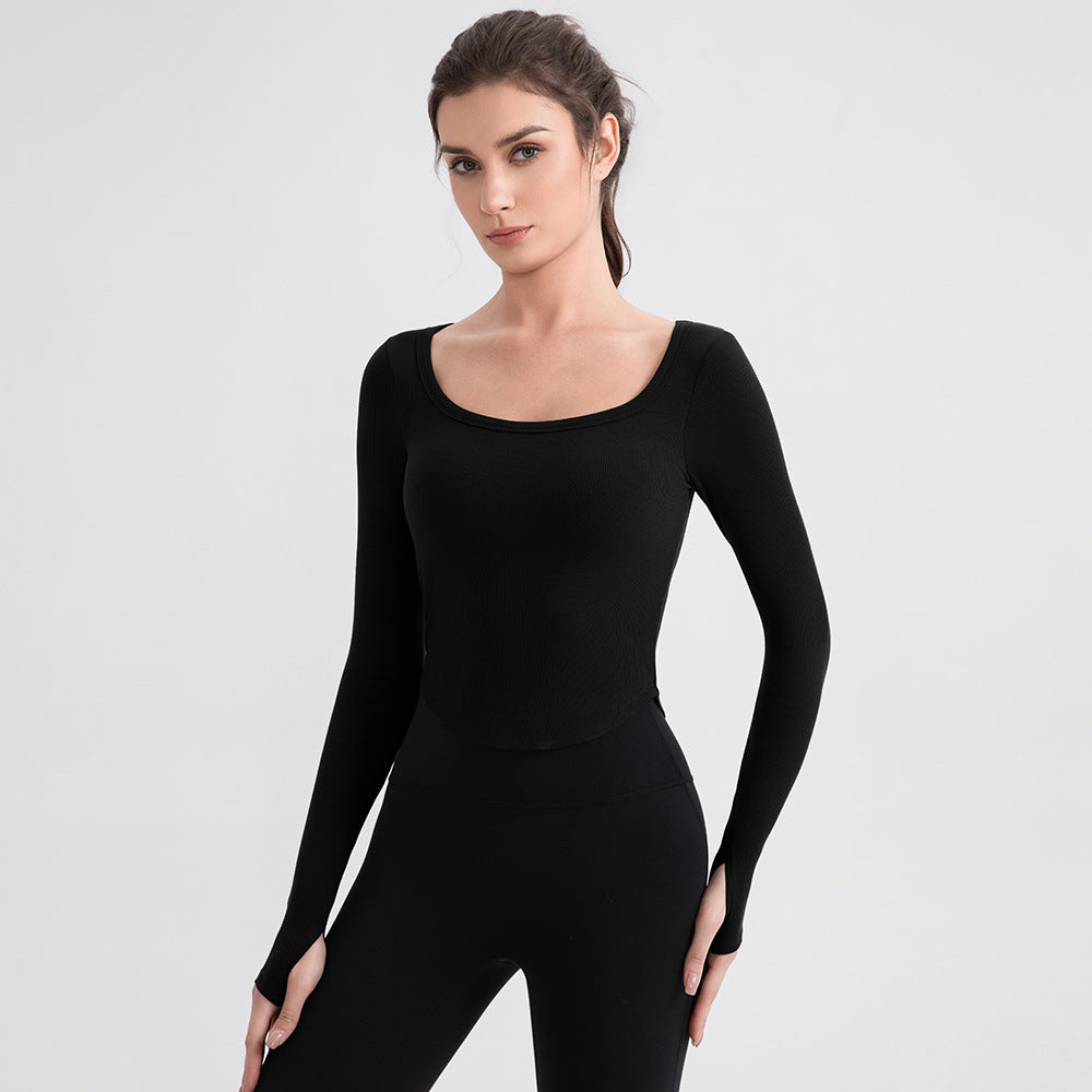 Yoga Clothes Women Sports T shirt with Chest Pad Slim Fit Breathable Workout Long Sleeve U Collar Slimming Pilates Training Top