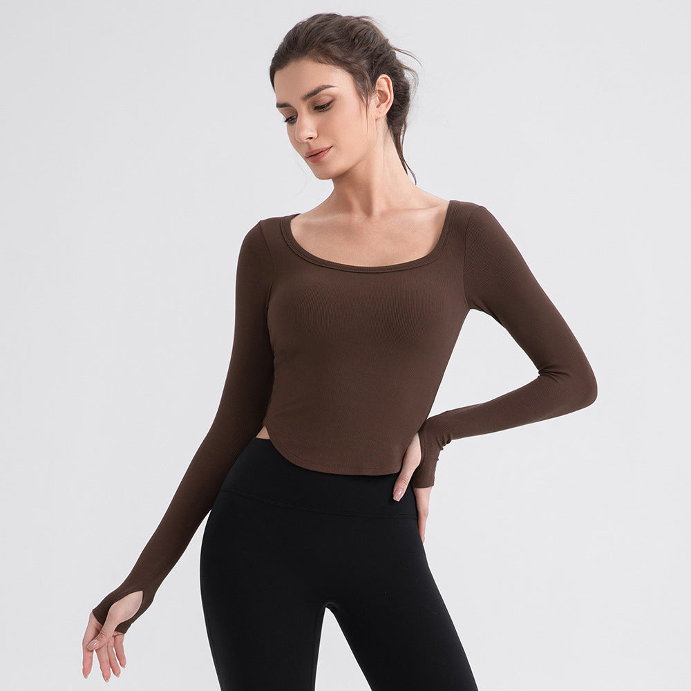 Yoga Clothes Women Sports T shirt with Chest Pad Slim Fit Breathable Workout Long Sleeve U Collar Slimming Pilates Training Top