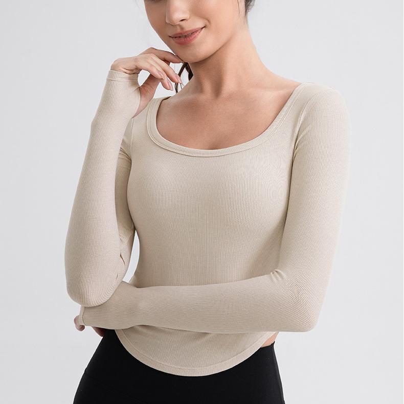 Yoga Clothes Women Sports T shirt with Chest Pad Slim Fit Breathable Workout Long Sleeve U Collar Slimming Pilates Training Top