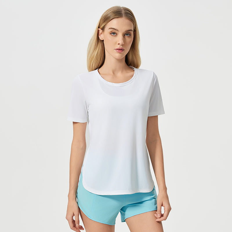 Summer Loose Breathable Yoga Clothes Top Women Side Slit Quick Drying Running Workout Short Sleeve