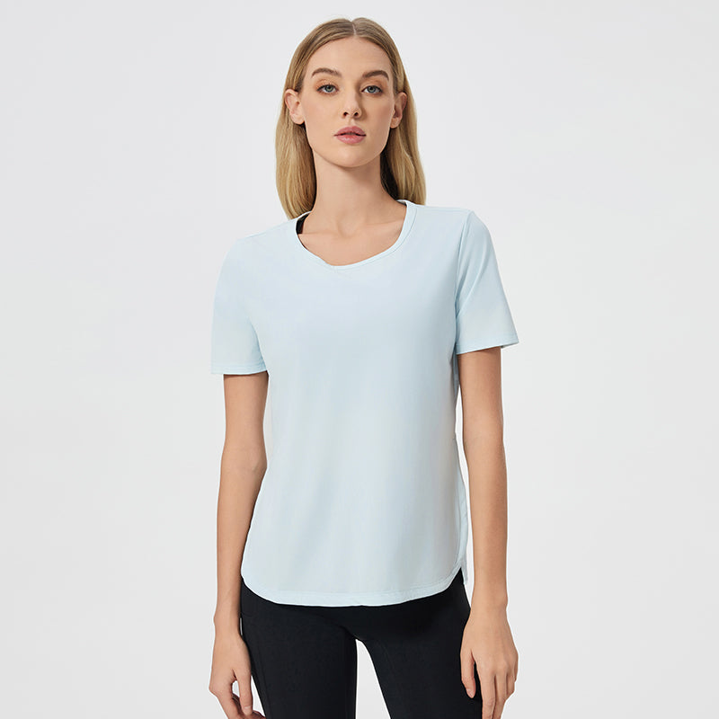 Summer Loose Breathable Yoga Clothes Top Women Side Slit Quick Drying Running Workout Short Sleeve