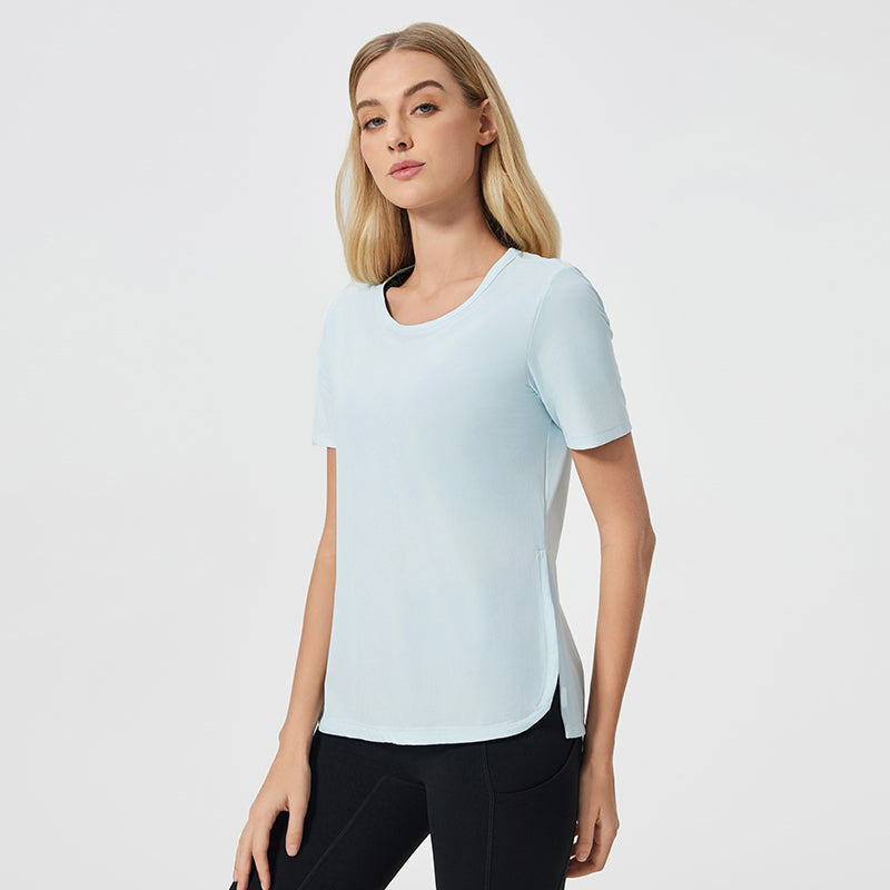 Summer Loose Breathable Yoga Clothes Top Women Side Slit Quick Drying Running Workout Short Sleeve