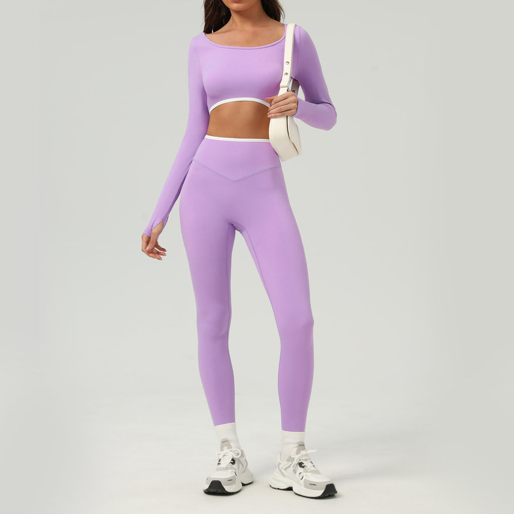 Nude Feel Quick Drying Running Workout Outfit Tight Long Sleeved Top High Waist Hip Lift Yoga Pants Set for Women