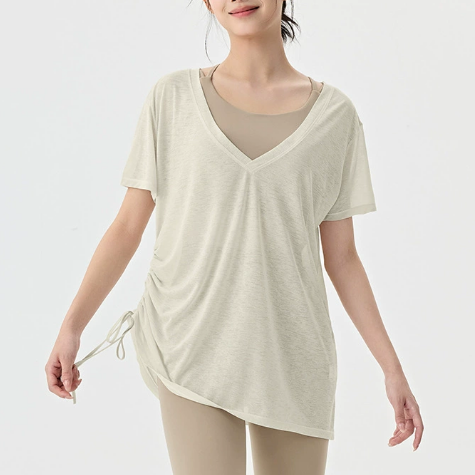 Summer Side Pleating Sports Blouse Women Hip Covering Loose Casual Yoga T shirt Big Neckline Thin Workout Clothes