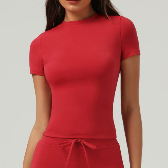 Camiseta de yoga con cuello redondo y mangas cortas para entrenamiento deportivo, ropa para correr y yoga.