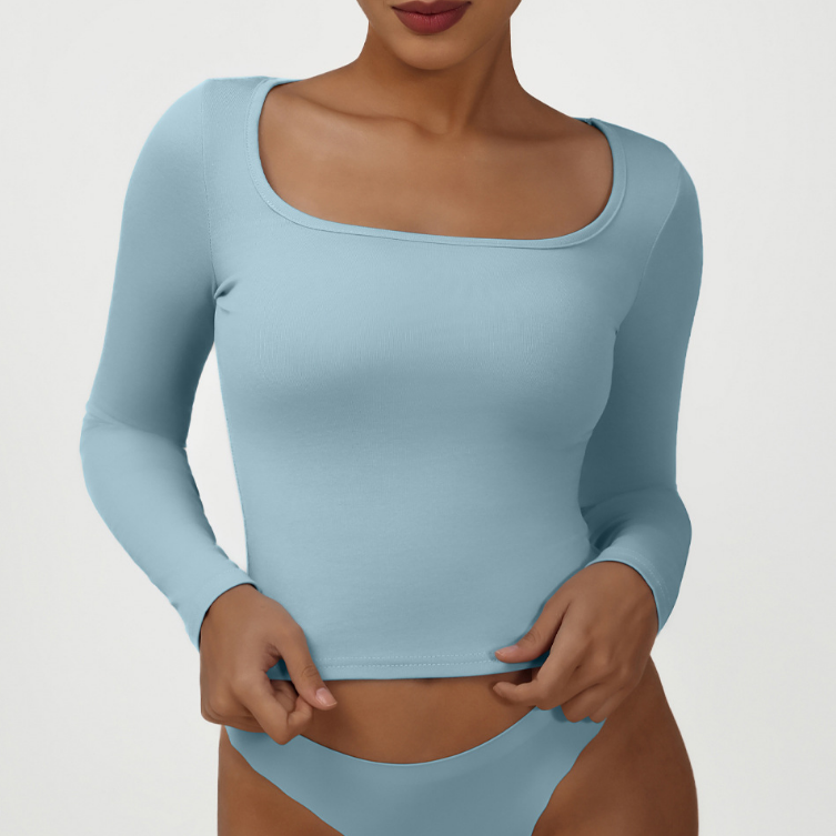 High Elastic Tight T shirt Casual Sports Top Square Collar Sexy Solid Color Long Sleeve Yoga Jacket