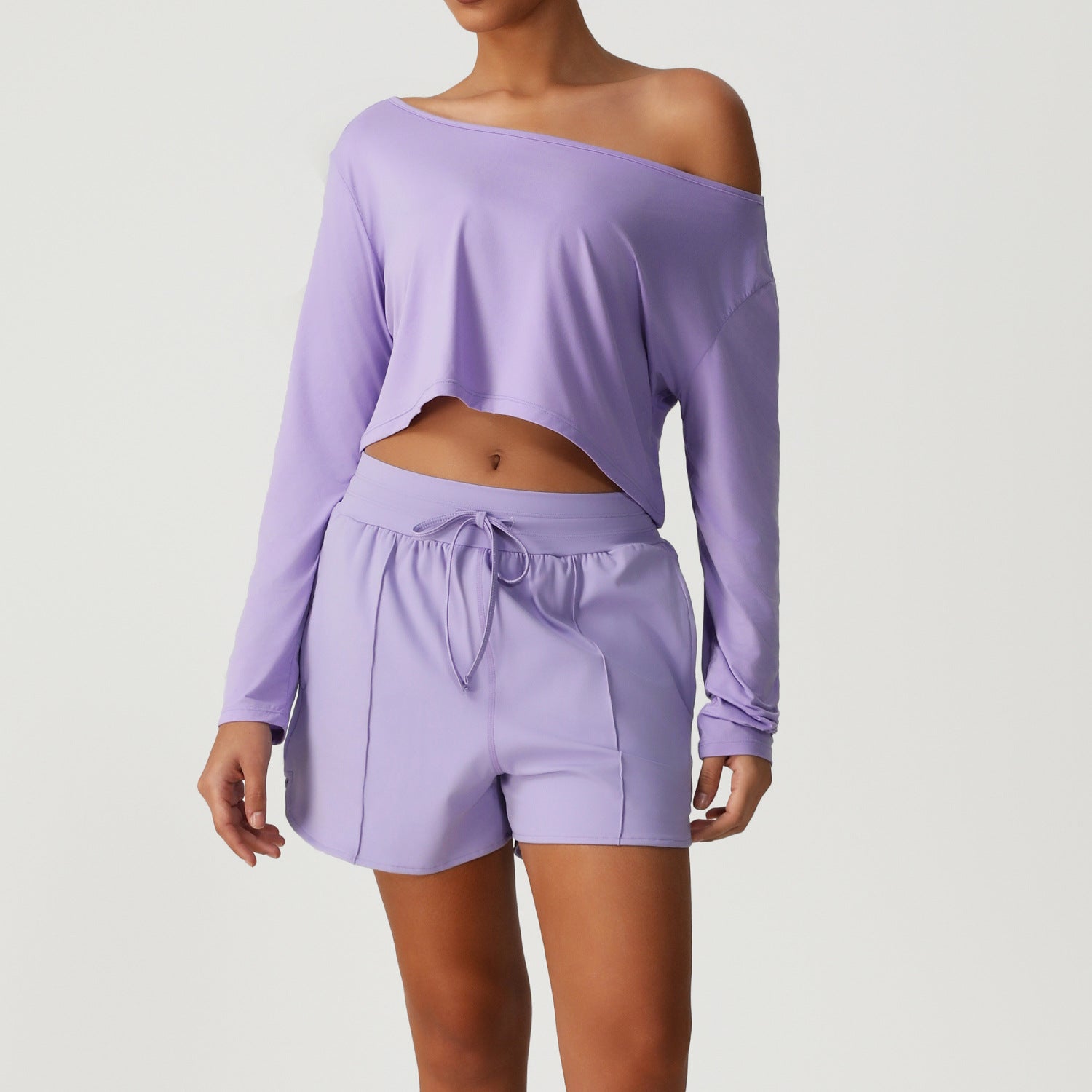 Nude Feel Quick Drying Sports Solid Color Shoulder Long Sleeve Loose Fitting Cropped Top Yoga Set