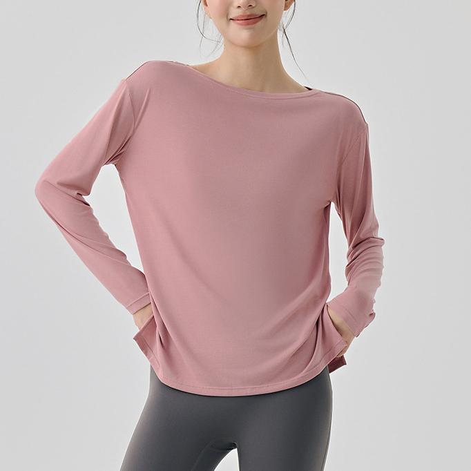 Slit Hemline at Hem Yoga Clothing Top Women Loose Breathable Workout Long Sleeve Slimming Sports Blouse