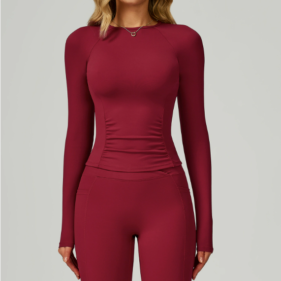 Sollinarry Nude Feel round Neck Yoga Long Sleeve Slim Fitting Belly Contracting High Sense Sports Top Outdoor Running Fitness Clothes