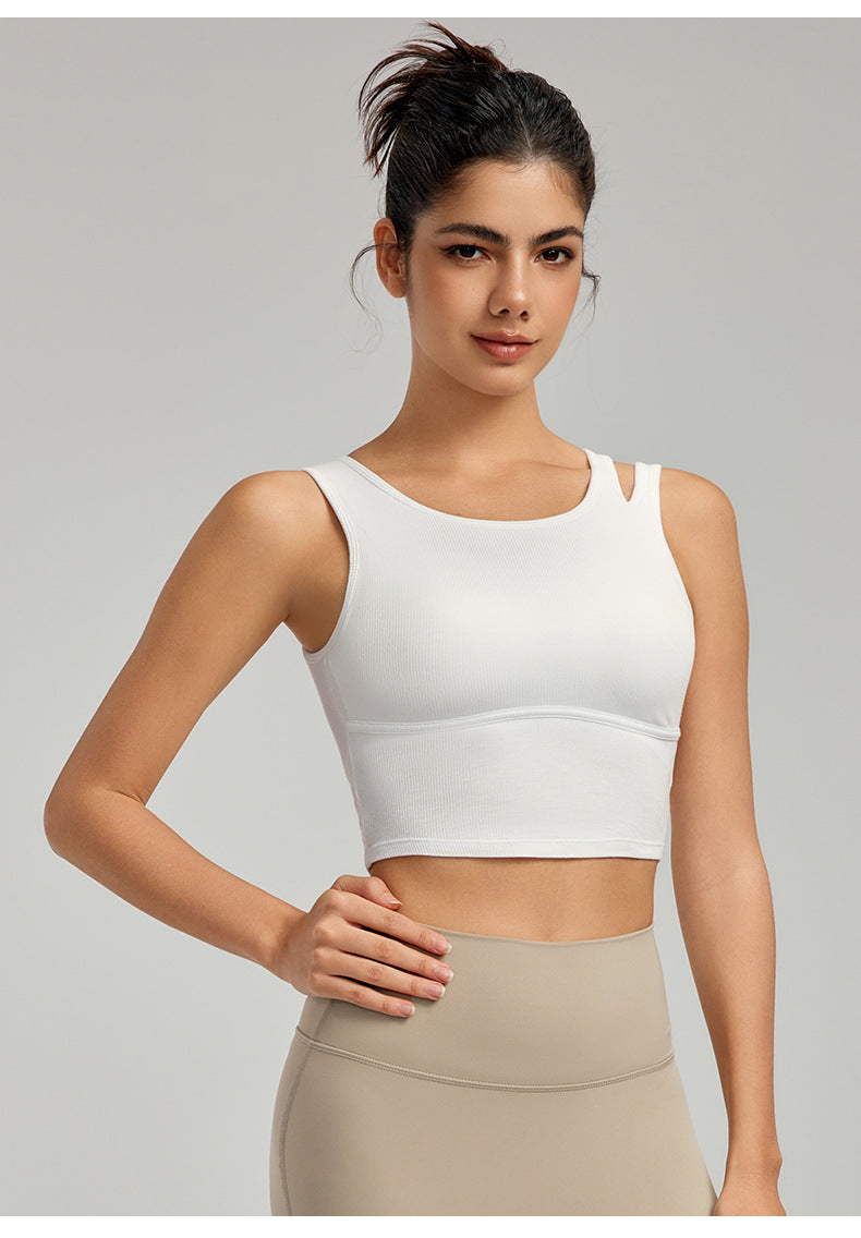 Spring Summer Hollow Out Cutout Shoulder Strap Sports Underwear Fixed Cup Women Pilates Workout Top Running Yoga Vest with Chest Pad