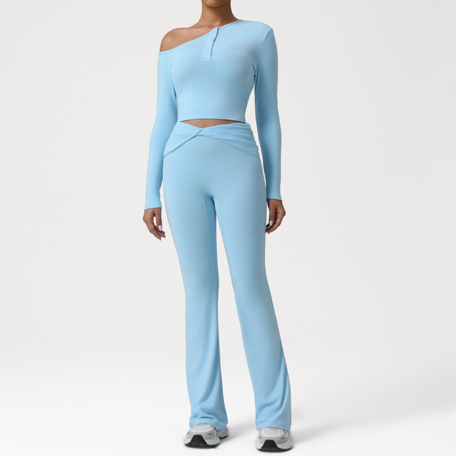 Autumn Oblique Shoulder Yoga Clothes Long Sleeved Top Women Cross High Waist Ruched Fitness Bootleg Pants Sports Set