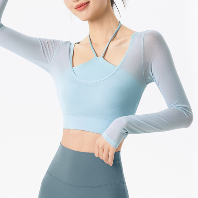 Mesh Yarn False Two Pieces Yoga Clothes Long Sleeve Women with Chest Pad Slim Fit Slimming Halter Short Sports Fitness Top