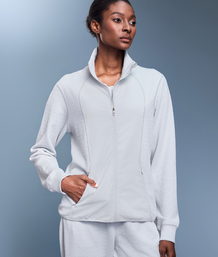 Waffle Slim Fit Stand Collar Sports Jacket Women Casual Loose Stitching Cardigan Autumn