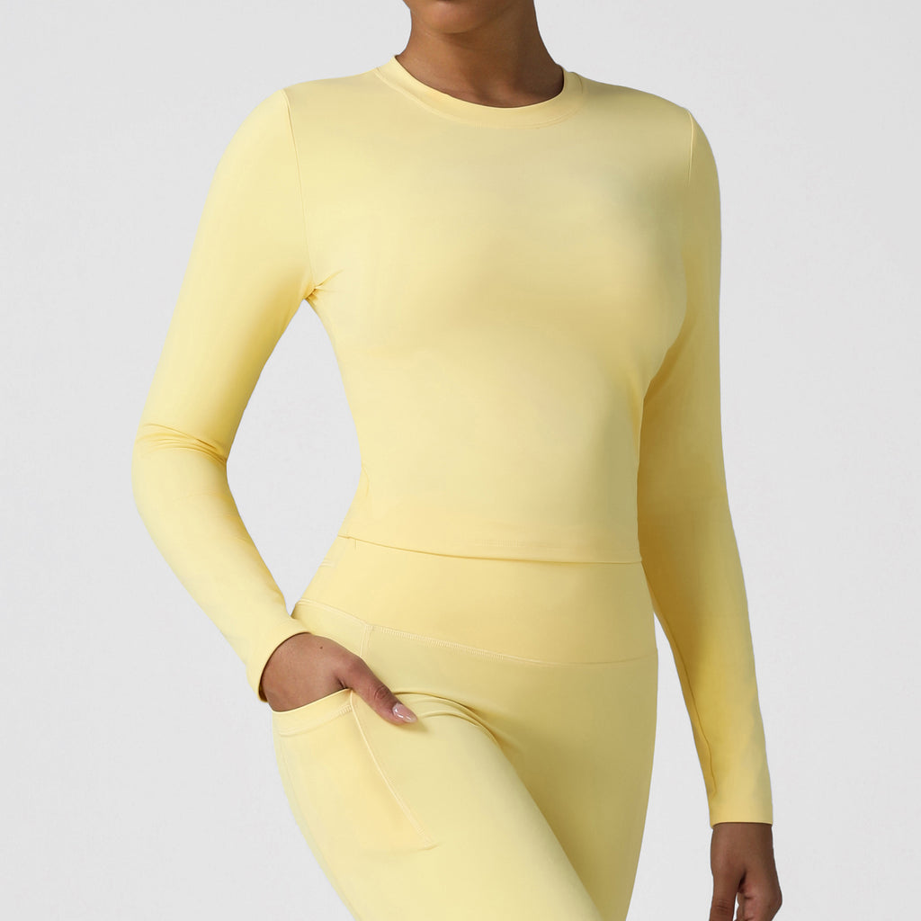 Veste de yoga moulante automne-hiver, col rond élastique, manches longues, haut de sport pour la course et les activités de plein air, vêtements d'entraînement pour femmes