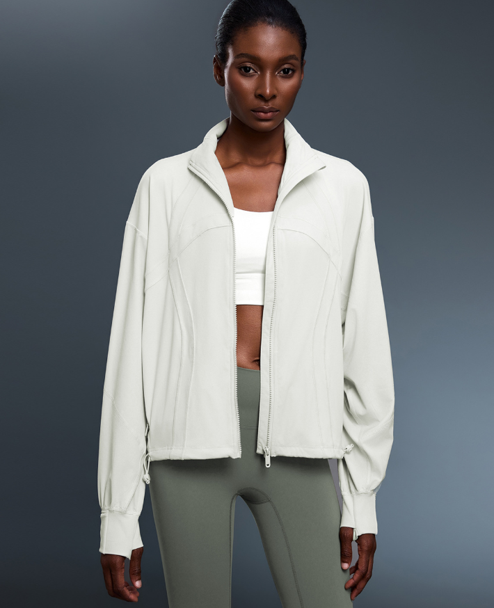 Windproof Stand Collar Baggy Coat Women Autumn Simplicity All Match Drawstring at Hem Sports Workout Clothes