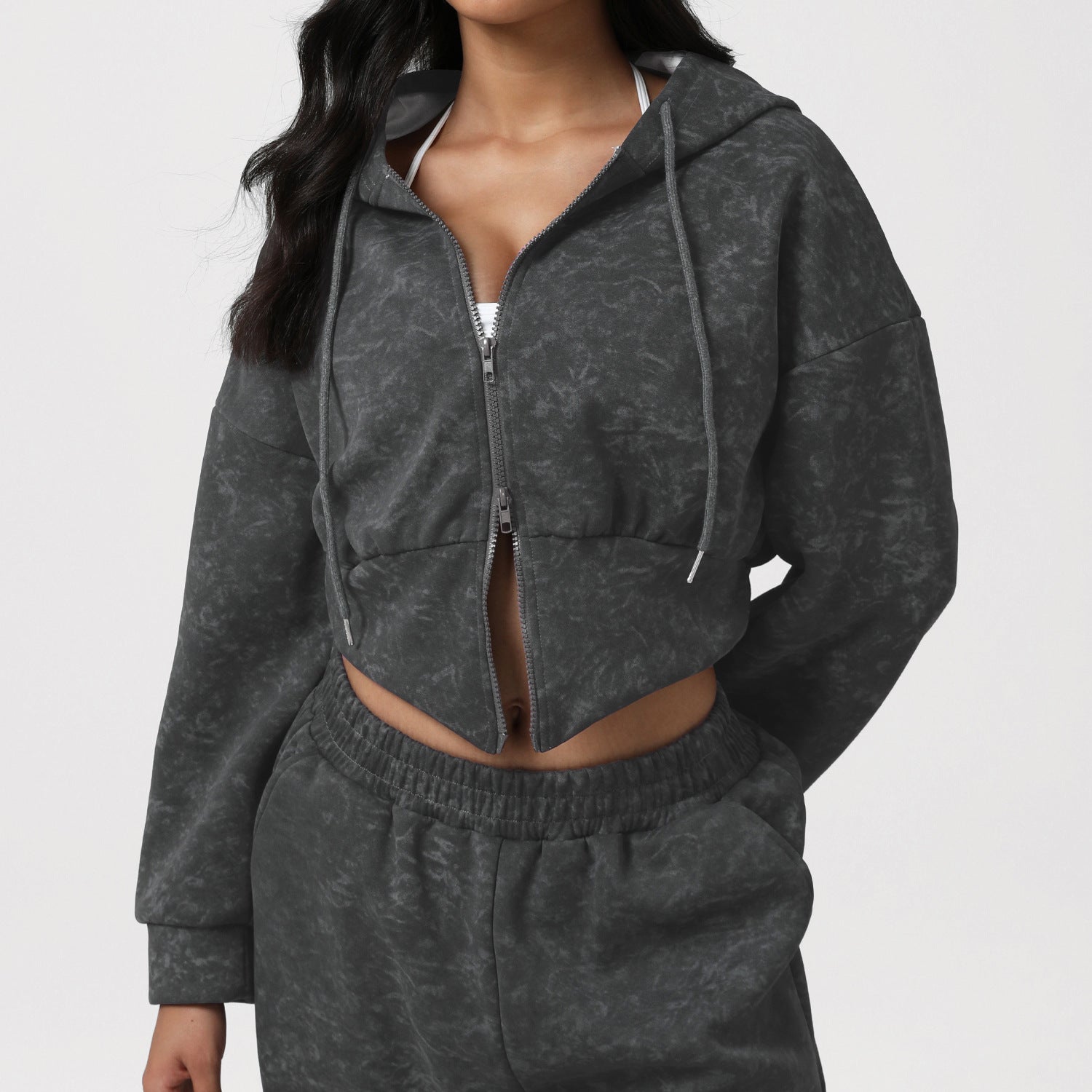 Printed Double Headed Zipper Yoga Jacket Short Autumn Winter Sexy Hooded Sweatshirt Workout Top