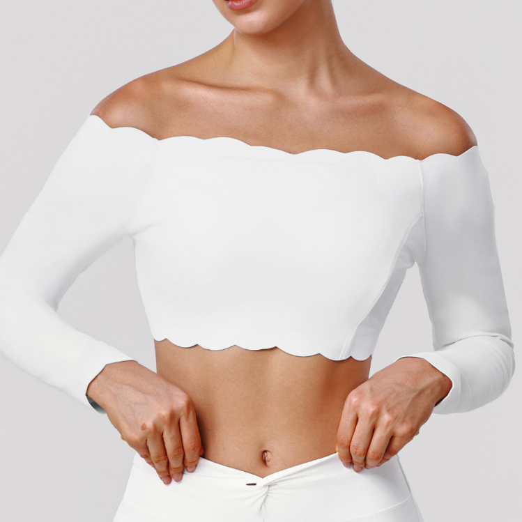 Veste de yoga en dentelle pour femme, T-shirt de fitness à épaules dénudées et manches longues, haut de sport décontracté et ajusté avec rembourrage