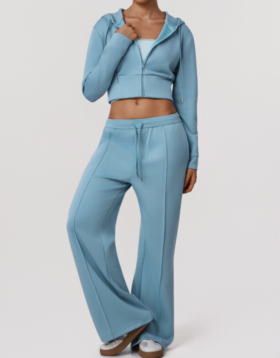 Sports Wide Leg Pants Women Autumn Winter Hooded Long Sleeve Top Yoga Clothes Coat Fitness Two Piece Sets