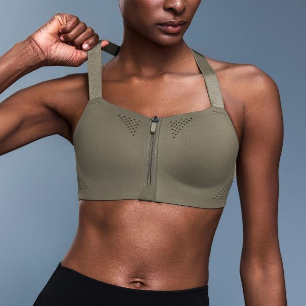 Soutien-gorge de sport une pièce à fermeture éclair sur le devant, bonnets antichoc, bretelles réglables, dos nageur, anti-affaissement