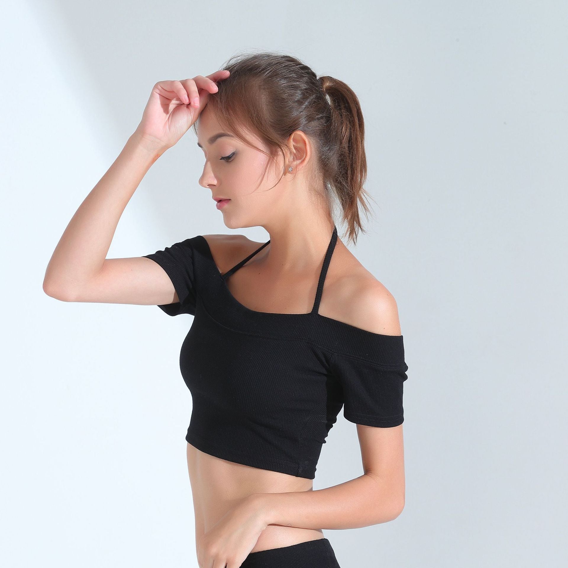 Fashionable Knitted Rib Yoga Clothes Women Gym Sports Short Sleeve Yoga Dancing Dress