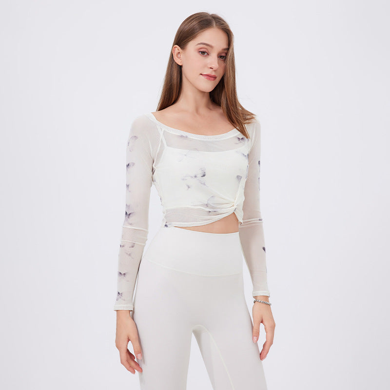 Floral Butterfly Faux Two Piece Sports T Shirt Women Long Sleeve with Chest Pad Yoga Clothes Mesh Top Quick Drying Slimming Workout Clothes