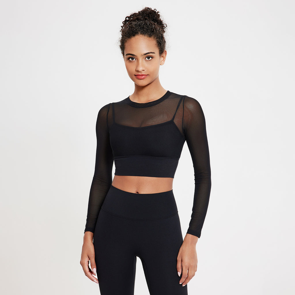 Sexy Mesh round Neck Yoga Clothes Long Sleeve Running Quick Drying Sports Bra One Piece Cup Workout Clothes Top