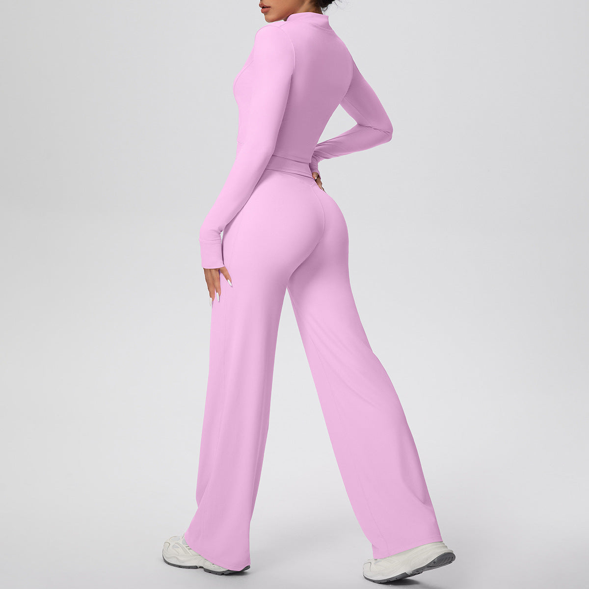 Solid Color Sports Zip Long Sleeve Coat Strap Vest Baggy Straight Trousers Workout Clothes Yoga Three Piece Set