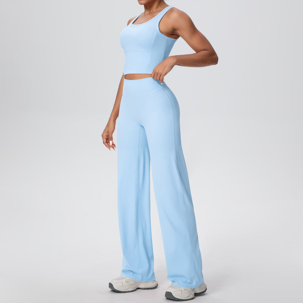 Micro Brushed Solid Color Beauty Back Exercise Vest Yoga Pants Running Baggy Straight Trousers Fitness Yoga Wear Set