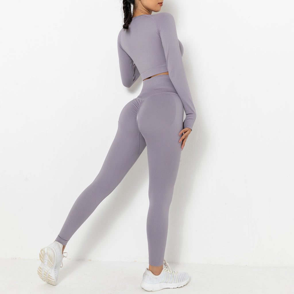 Seamless Knitted Peach Solid Color Hip Long Sleeve Yoga Suit Sports Running Fitness Clothes Women