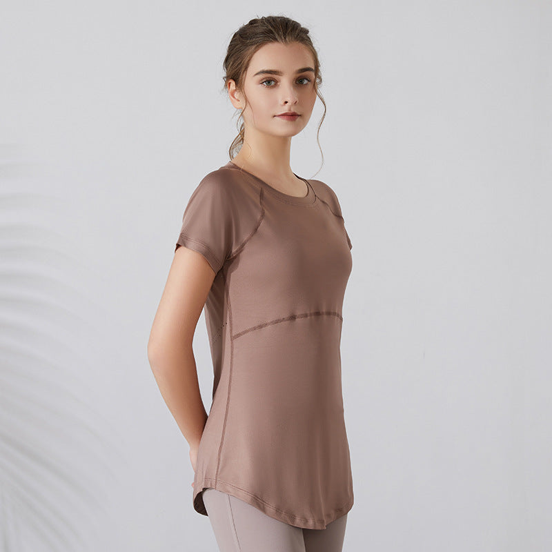 Long Thigh Length Thin Yoga Wear Mesh Beauty Back Breathable Short Sleeve Running Fitness Top Sportswear Women