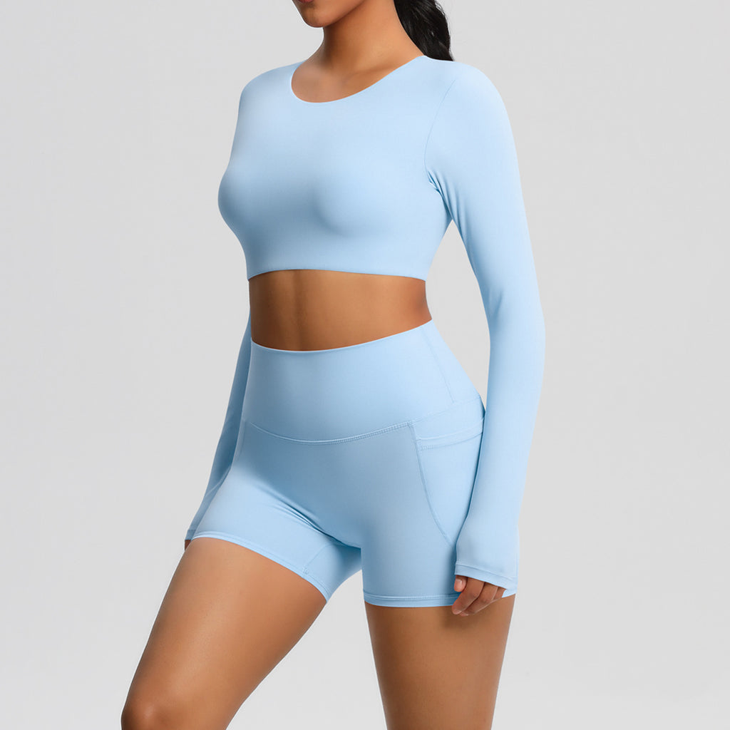 Brushed Chest Pad Yoga Clothes Pocket Shorts Long Sleeve Outdoor Running Fitness Yoga Set