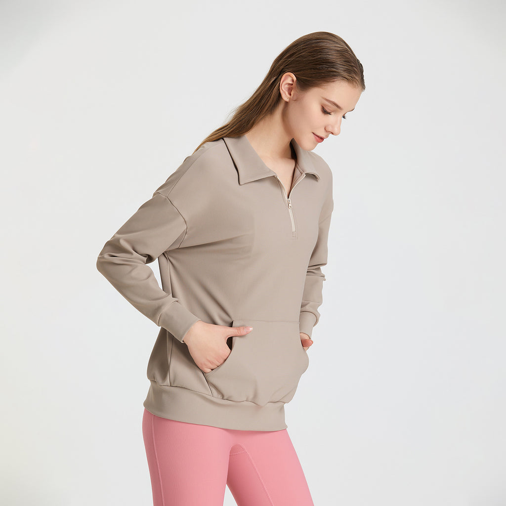 Pull de sport automne-hiver à col côtelé pour femme, fermeture éclair demi-hauteur, idéal pour le yoga, la course et l'entraînement, manches longues