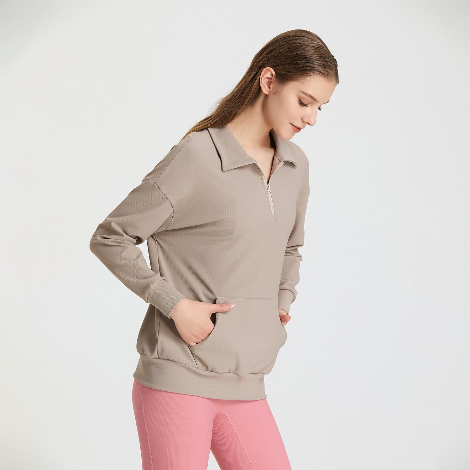Pull de sport automne-hiver à col côtelé pour femme, fermeture éclair demi-hauteur, idéal pour le yoga, la course et l'entraînement, manches longues
