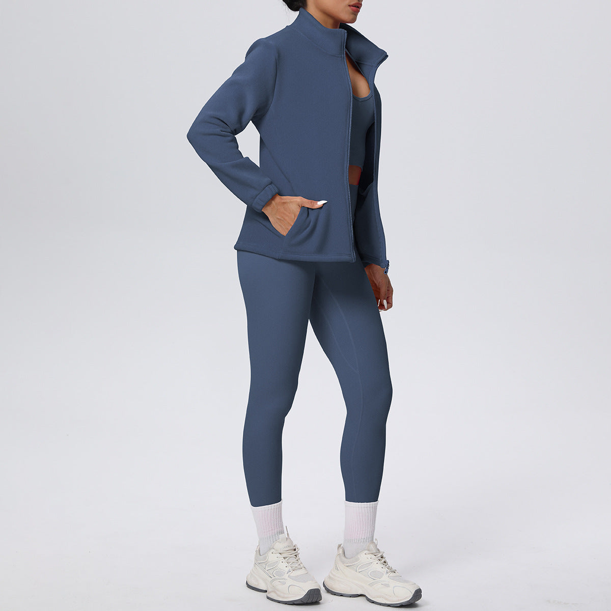 Skinny Yoga Pants High Waist Hip Lift Nude Feel Sports Long Sleeve Zipper Fleece Padded Coat Workout Clothes Yoga Suit