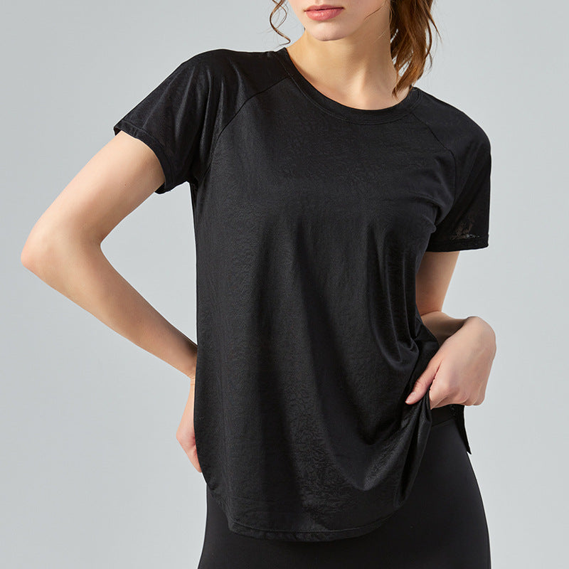 Spring Summer Outdoor Yoga Jacket Jade Jacquard Back Slit Hollow Out Cutout Beauty Back Sports Fitness Yoga Wear Blouse Women