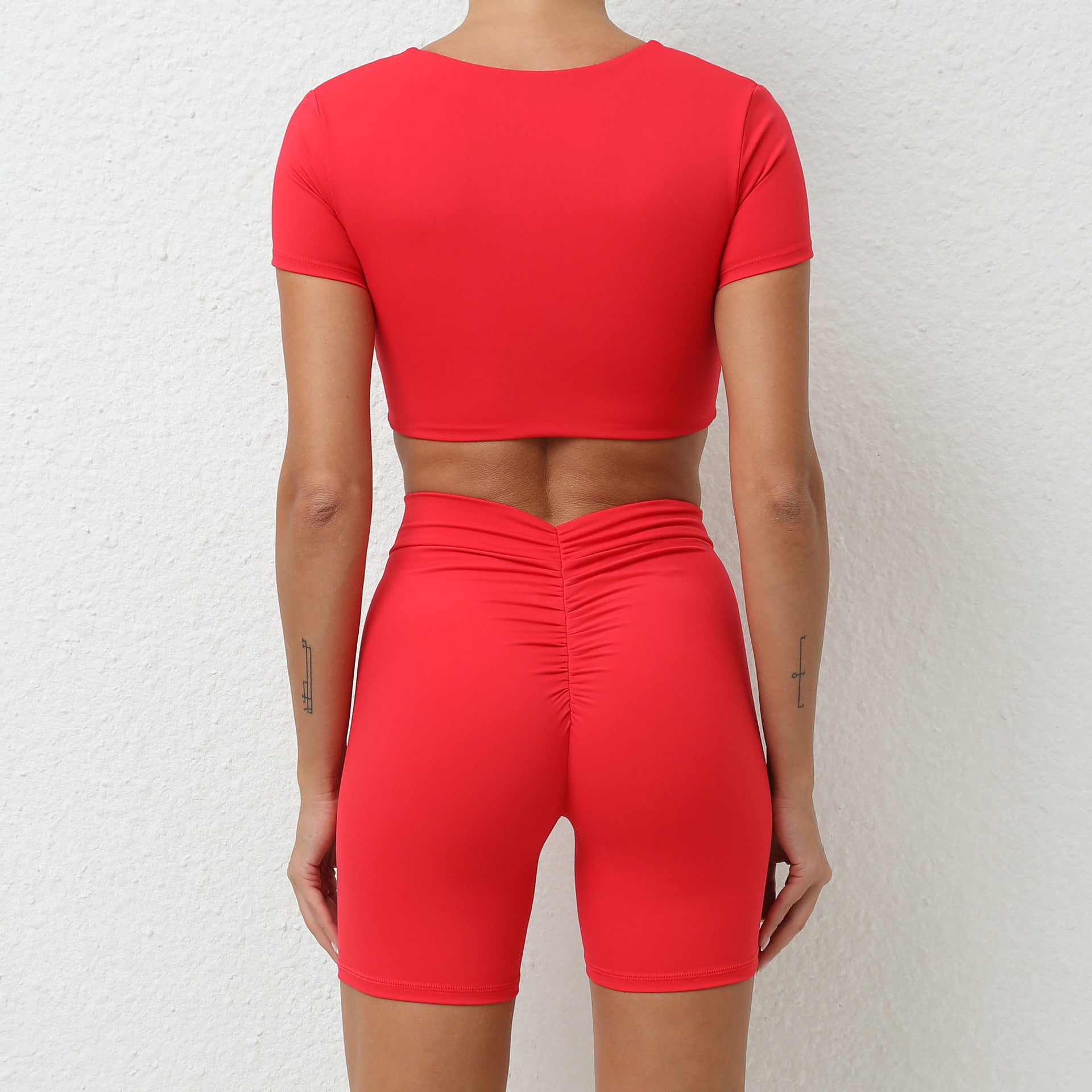 Nude Feel Yoga Clothes Women Cross V Neck Short Sleeved Workout Clothes Suit Slim Fit Running Workout Exercise Outfit