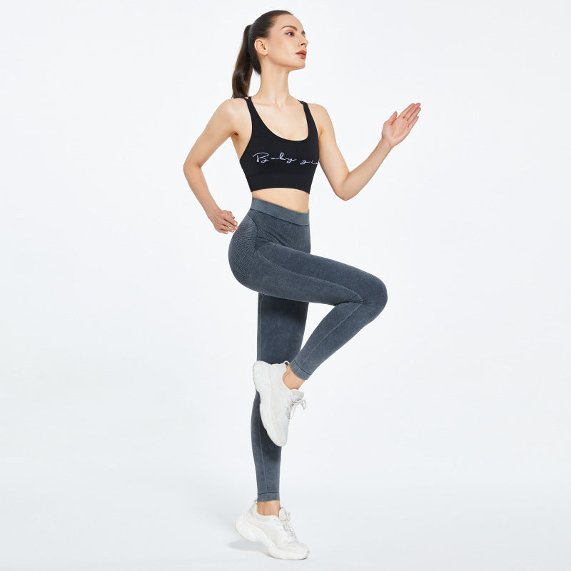 Pantalon de sport en denim pêche délavé sans coutures, coupe slim, taille haute, effet push-up, idéal pour le yoga et les femmes