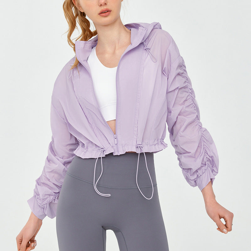 High Grade Sun Protective Clothing Women Outdoor Loose Short Breathable Sun Protection Long Sleeve Hooded Ruched Sun Protection Jacket