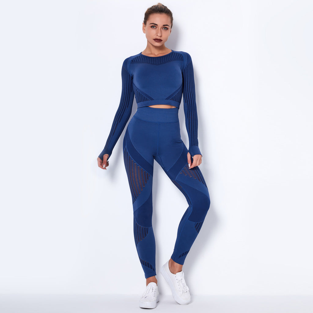 New Seamless Net Hole Quick Drying Sports Yoga Long Sleeve Striped Fitness Trousers Yoga Suit