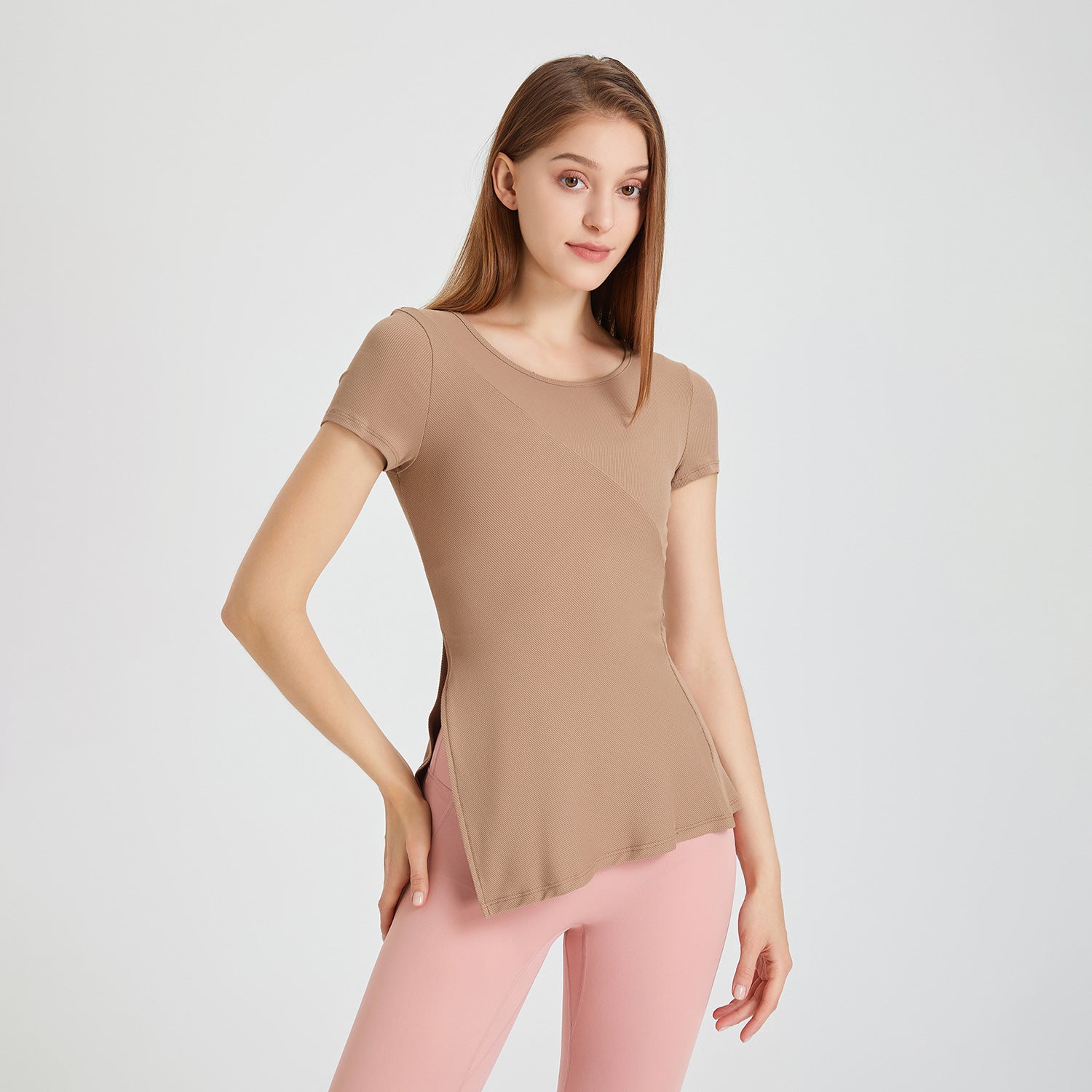 Slim Fit Hem Side Slit Sports Top Women Skinny Yoga Clothes Fitness Short Sleeved Casual Running T Shirt